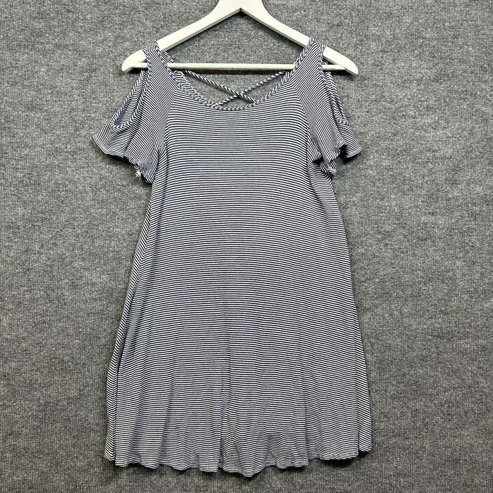 Unbranded Cold Shoulder Dress Womens S Blue White Striped Good Criss Cross Back